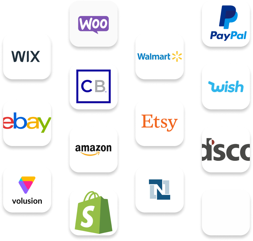 WooCommerce, PayPal, Wix, Walmart, CB, Wish, EBay, Etsy, Amazon, DSCO, Volusion, Shopify